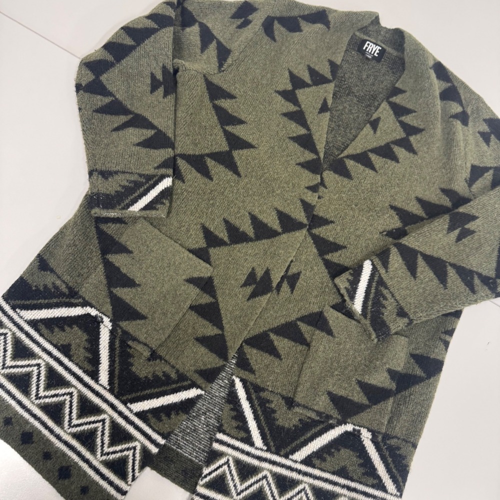 Frye Cardigan Women Large Olive Green Excellent Southwestern Geometric Open